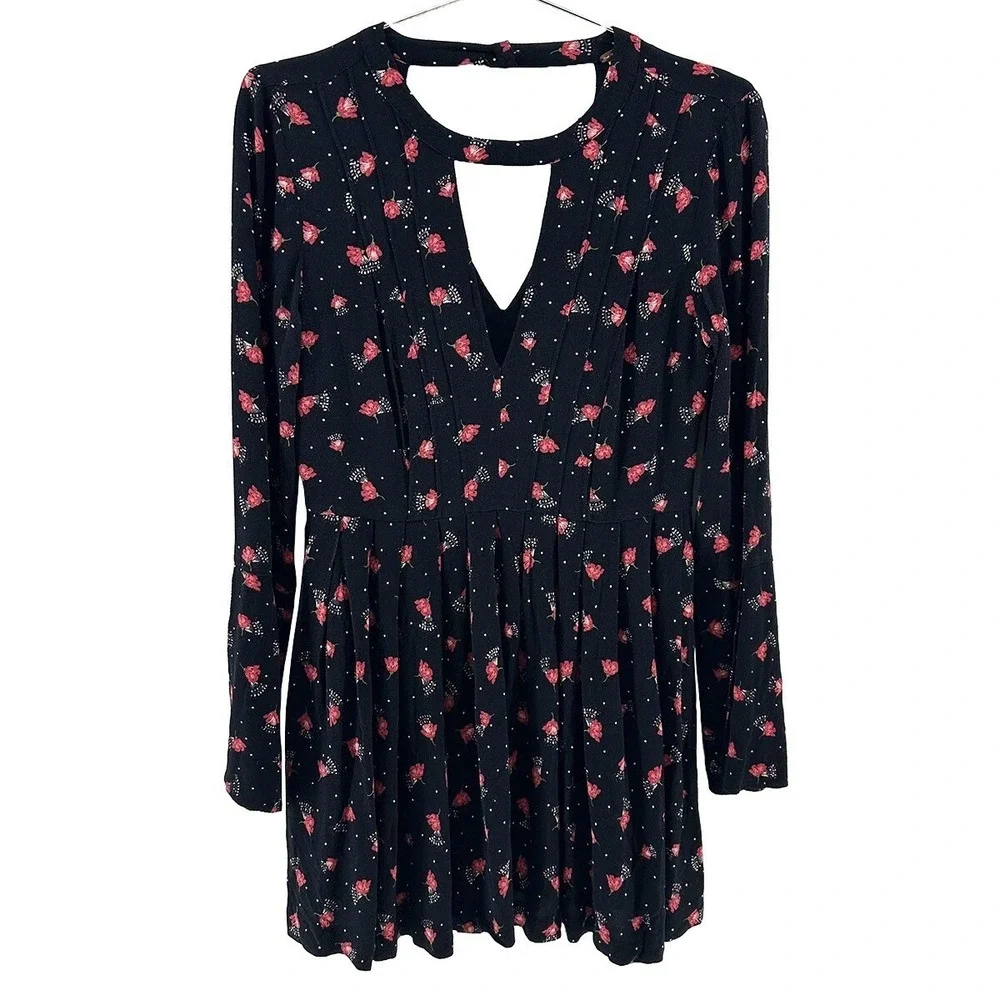 FREE PEOPLE Teagan Floral Long Sleeve Keyhole Mini Dress • 6 • black red Boho